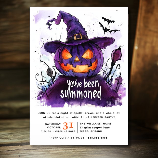 Sie wurden gebettet Wasserfarbe Kürbiskürbis Hallo Einladung (You've Been Summoned Watercolor Halloween Party Invitation with Spooky Witch Aesthetic and Creepy )