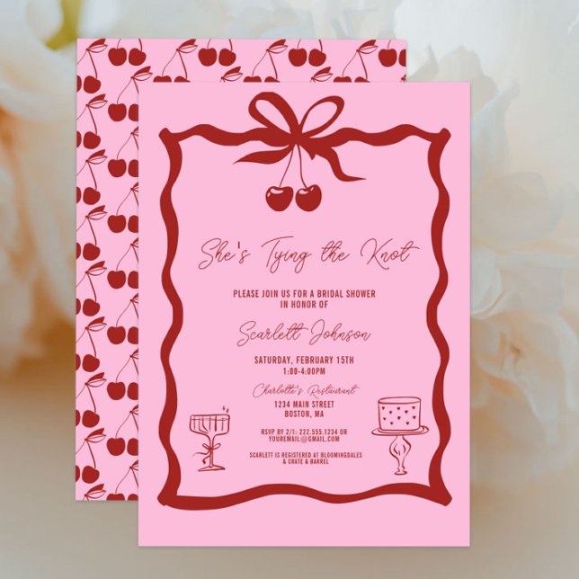 Sie zähmt das rote Brautparty des Knot-Bows Einladung (Pink and Cherry Red She's Tying the Knot Bow Bridal Shower Invitations, Chic Trendy, Wavy, Cherries)