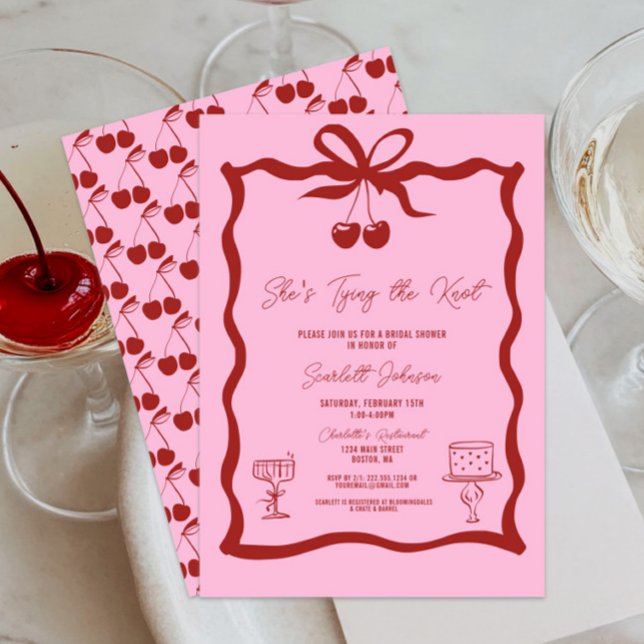 Sie zähmt das rote Brautparty des Knot-Bows Einladung (Pink and Cherry Red She's Tying the Knot Bow Bridal Shower Invitations, Chic Trendy, Wavy, Cherries)