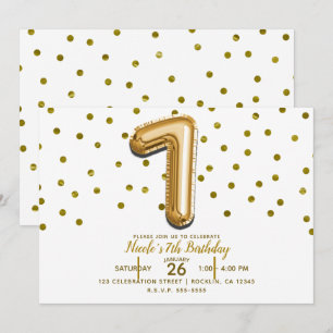 SIEBEN 7 Gold Ballon Confetti 7. Geburtstagsparty Einladung