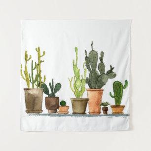 Sieben handgezogene Aquarellkaktus in braun  Wandteppich