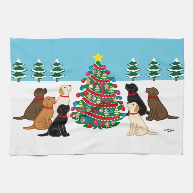 Sieben Labradoren und Weihnachtsbaum Geschirrtuch (Horizontal)