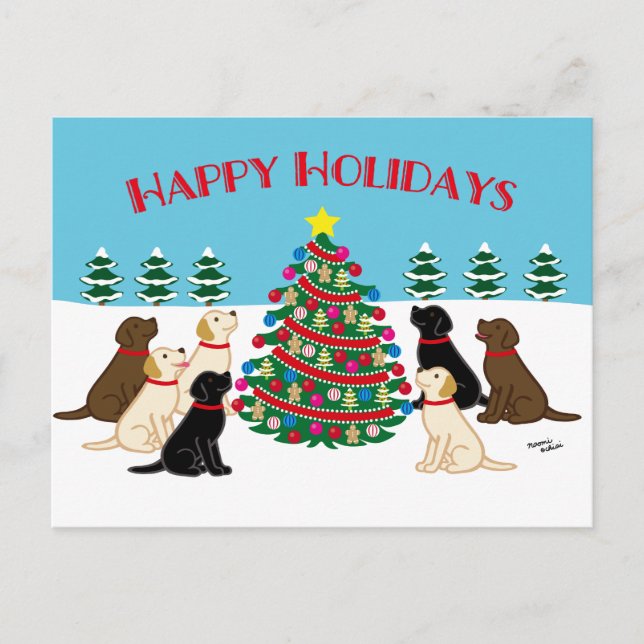 Sieben Labradoren und Weihnachtsbaum Postkarte (Vorderseite)