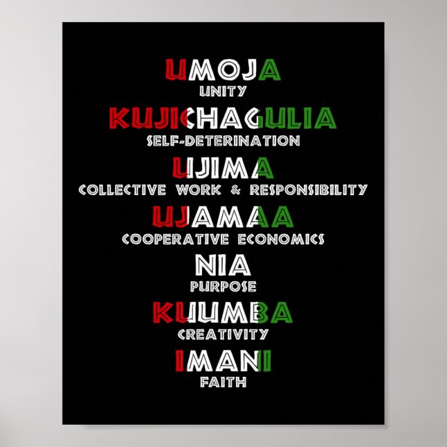 Sieben Prinzipien von Kwanzaa, einem stolzen Afroa Poster (Vorne)