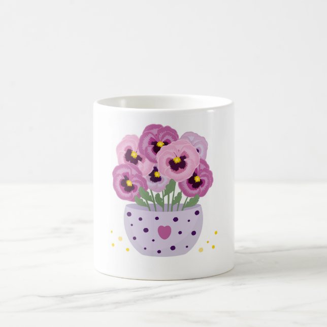 Sieben rosa Stiefmütterchen in einer Vase Kaffeetasse (Mittel)