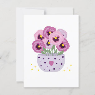 Sieben rosa Stiefmütterchen in einer Vase Postkarte