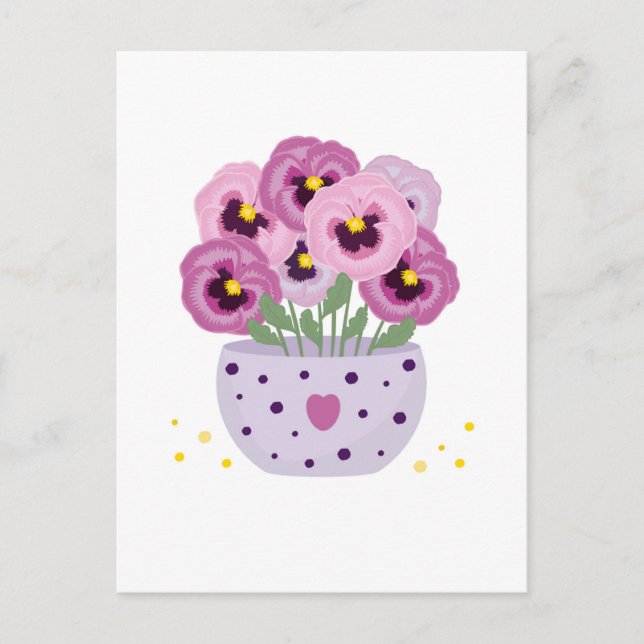 Sieben rosa Stiefmütterchen in einer Vase Postkarte (Vorderseite)