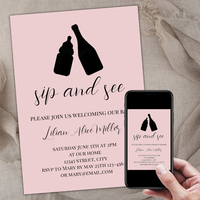 Sieben und sehen Sie die Minimalistische Blush Pin Einladung (Sip and see invitation baby girl, baby pink, baby bottle champagne, minimalist modern elegant)