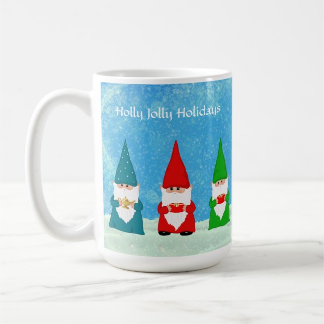 Sieben Weihnachtsgnomen auf Light Blue Kaffeetasse (Links)