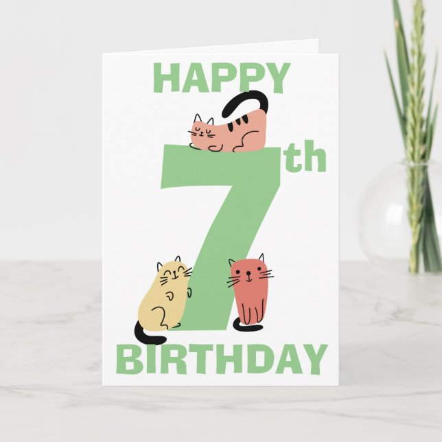 Siebte (siebte) Geburtstagsbotschaft Doodle Cats C Karte (Vorderseite)