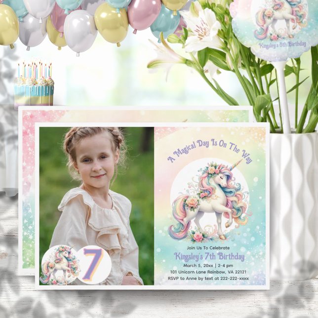 Siebtes Einhorn Pastel Rainbow Geburtstag Einladung (7th Seventh Unicorn Pastel Rainbow Birthday Invitation)