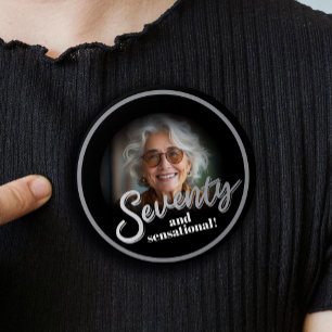 Siebzig 70. Geburtstag Foto Schriftzug silber schw Button