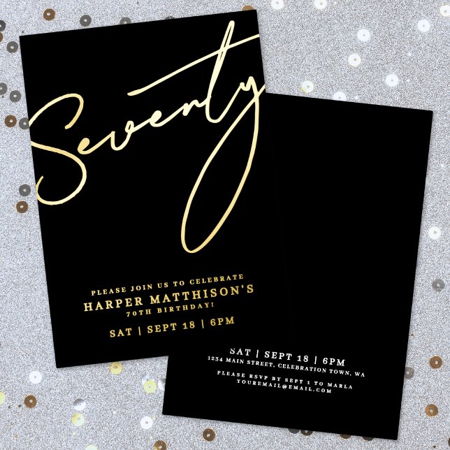 Siebzig Black 70. Geburtstag Gold Folieneinladung (Elegant Black Seventy 70th Birthday Gold Foil Invitation)