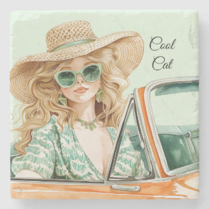 Siebziger Jahre Blondes Mädchen Cool Cat Steinuntersetzer