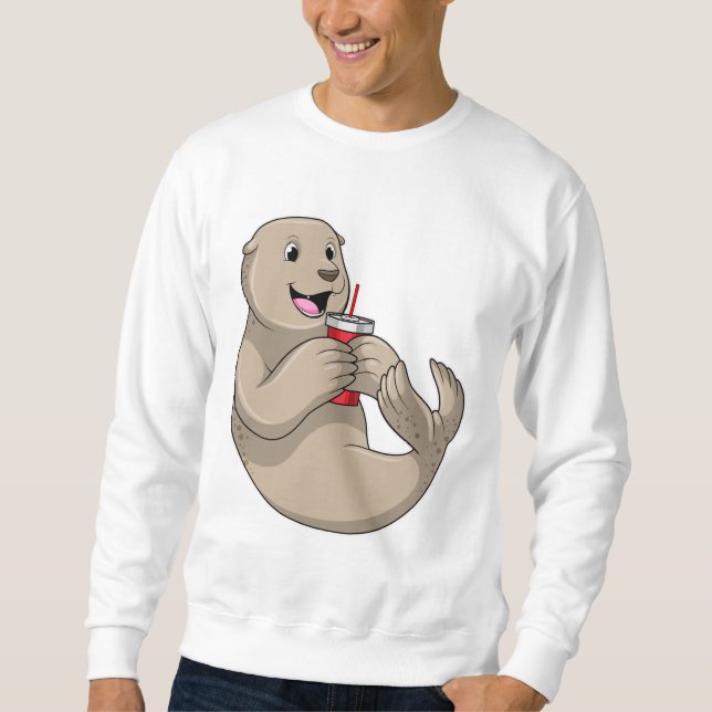 Siegel mit Tasse mit Stroh Sweatshirt (Vorderseite)