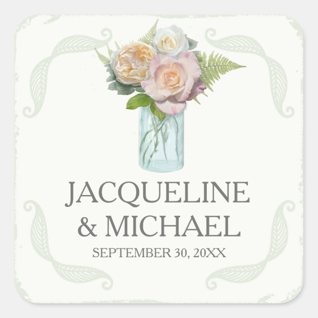 Siegel Rustikale Blume Mason Jar Script Typografie Quadratischer Aufkleber (Vorderseite)