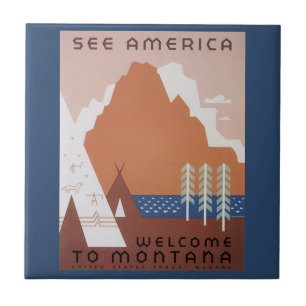 Sieh Amerika Willkommen in Montana, Vintage Reise Fliese