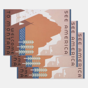 Sieh Amerika Willkommen in Montana, Vintage Reise Geschenkpapier Set