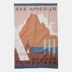 Sieh Amerika Willkommen in Montana, Vintage Reise Geschirrtuch