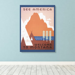 Sieh Amerika Willkommen in Montana, Vintage Reise Leinwanddruck