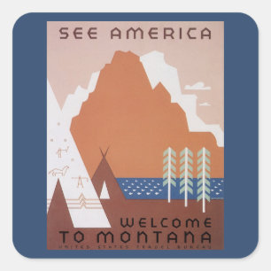 Sieh Amerika Willkommen in Montana, Vintage Reise Quadratischer Aufkleber