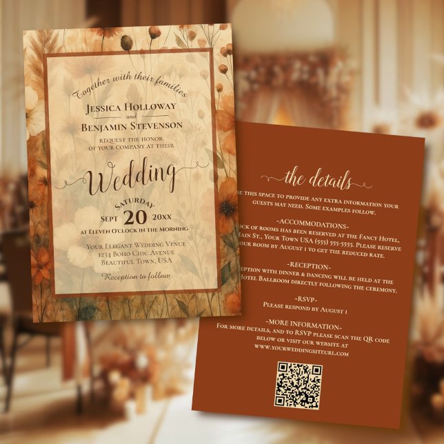 Sienna Boho Florale Kalligrafie & QR-Code Hochzeit Einladung (front/back)