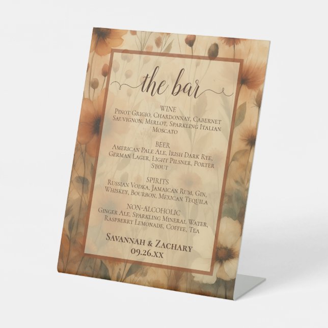 Sienna Boho Wildflowers Wedding Drinks or Bar Menu Sockelschild (Vorderseite)