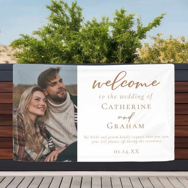 Sienna Brown Script Custom Foto Wedding Willkommen Banner (Von Creator hochgeladen)