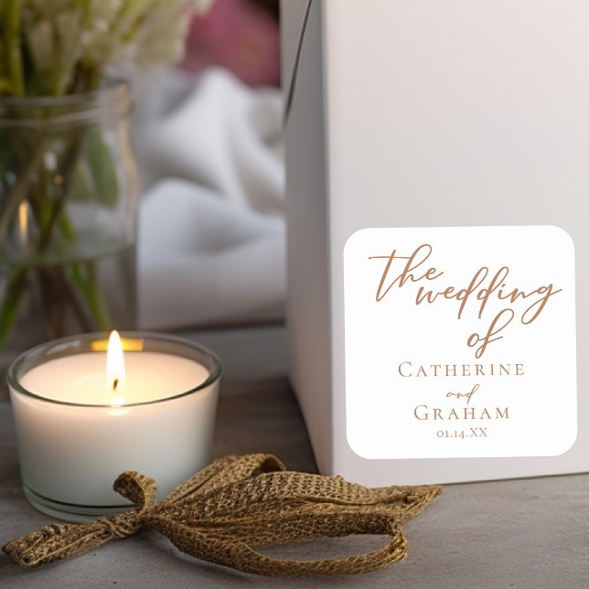 Sienna Brown Typografy Minimalistisch Wedding Quadratischer Aufkleber (Von Creator hochgeladen)