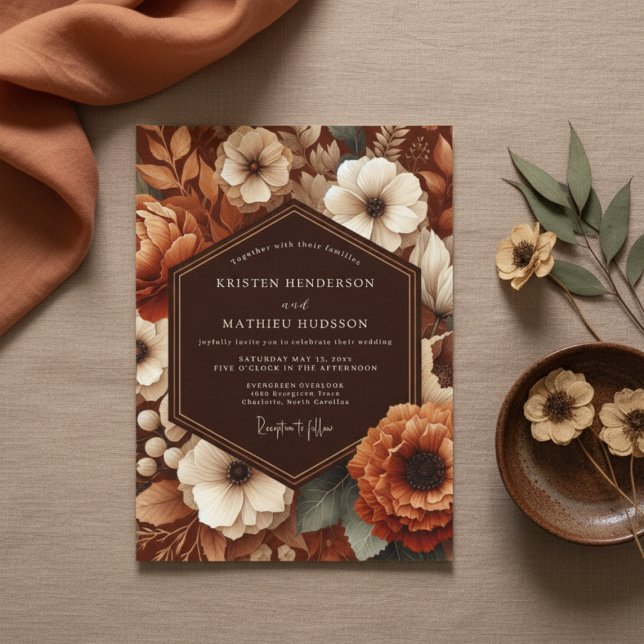 Sienna Erdiges Blumige Hochzeit Einladung (Von Creator hochgeladen)