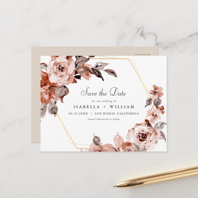 Sienna Floral und Gold Rahmen Save the Date Postkarte (Vorderseite/Rückseite Beispiel)