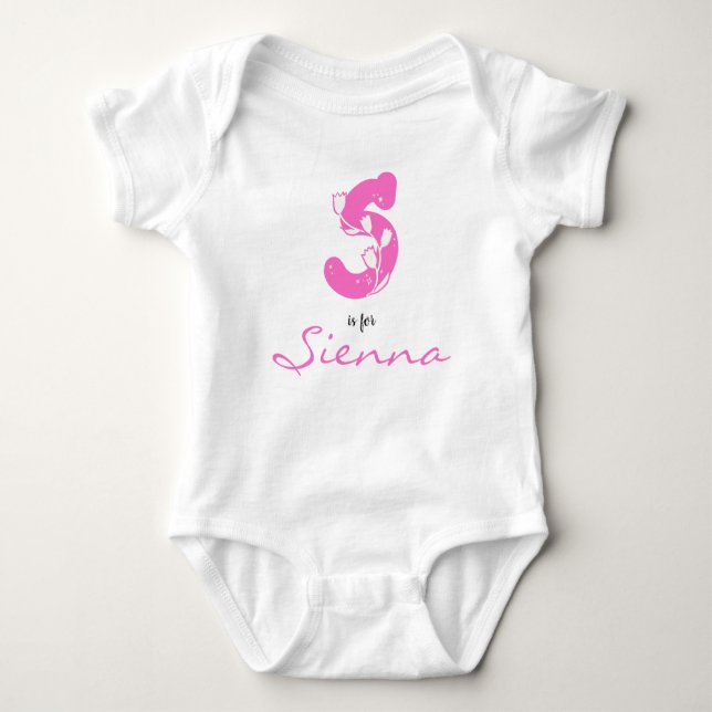 Sienna Name Reveal Blumenbrief S Rosa Blume Baby Strampler (Vorderseite)