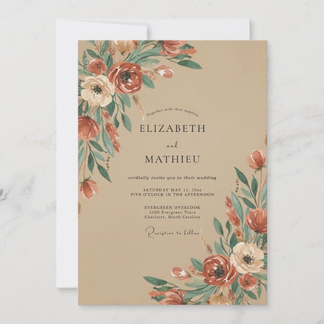 Sienna Rustikale Blumenhochzeit Einladung (Vorderseite)