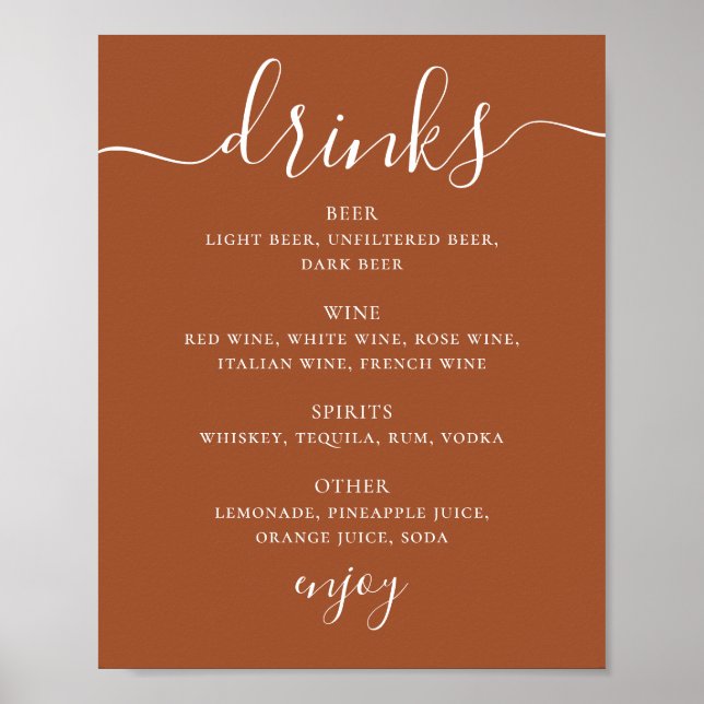 Sienna Wedding Drinks Menu | Terracotta Bar Sign Poster (Vorne)