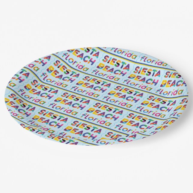 Siesta Beach, Florida. Farbiges Textmuster Pappteller (Schrägansicht)