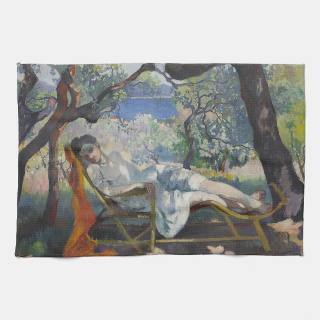 Siesta (Jeanne Sleeping in Mediterranean Garden) Geschirrtuch (Horizontal)