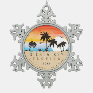 Siesta Key Florida Beach Retro Sunset Souvenir 60e Schneeflocken Zinn-Ornament