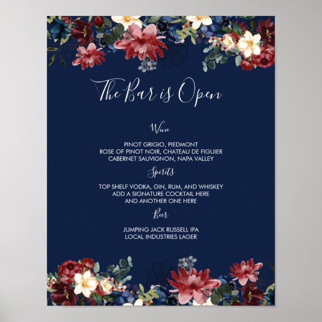 Signatur des burgundy Navy Wedding Bar Menu Poster (Vorne)