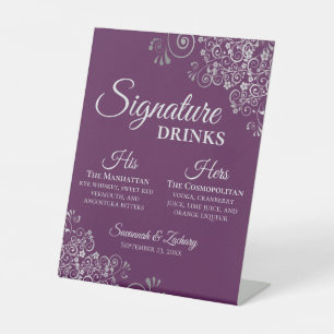 Signatur-Drinks Elegante Silber- und Pflaumenhochz Sockelschild