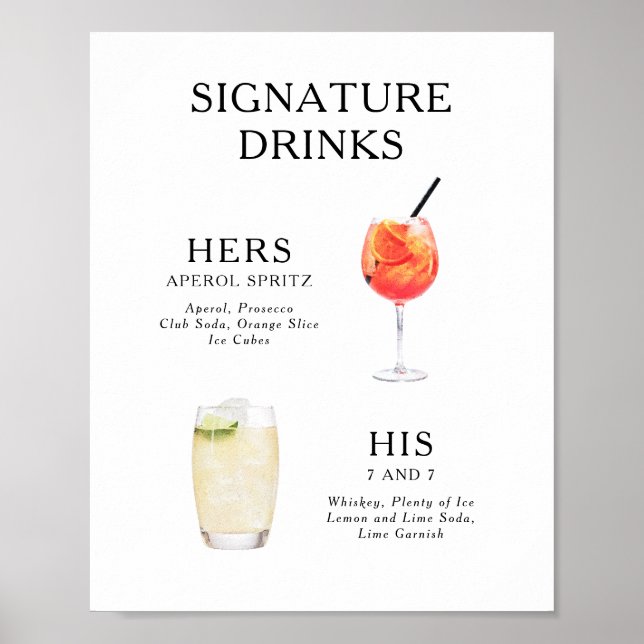 Signatur-Drinks Hochzeits-Cocktail-Menü-Plakat Poster (Vorne)
