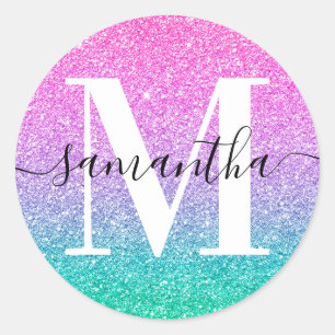 Signatur-Monogramm Pink Purpur Jade Ombre Glitter  Runder Aufkleber