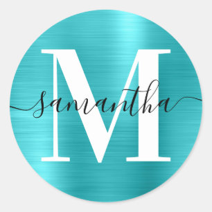 Signatur-Monogramm Türkis Blau Schimmer Runder Aufkleber