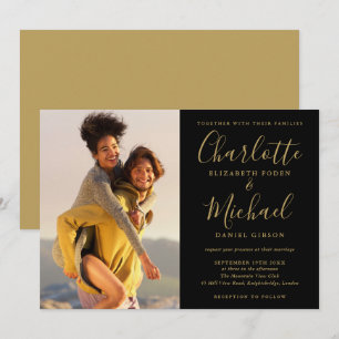 Signatur-Script-Photo Schwarz und Goldene Hochzeit Einladung
