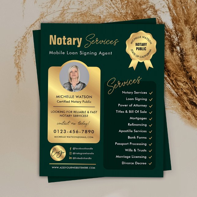 Signatur von Notar-Agent-Grün- und Gold-Logo-Foto Flyer (Modern green and gold notary public marketing flyer with your custom photo and logo)