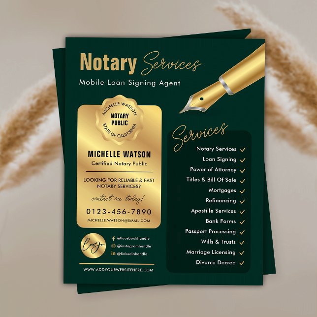 Signatur von Notar-Agenten Briefmarke Grün- und Go Flyer (Modern green and gold notary loan signing agent marketing flyer with your custom photo and logo)