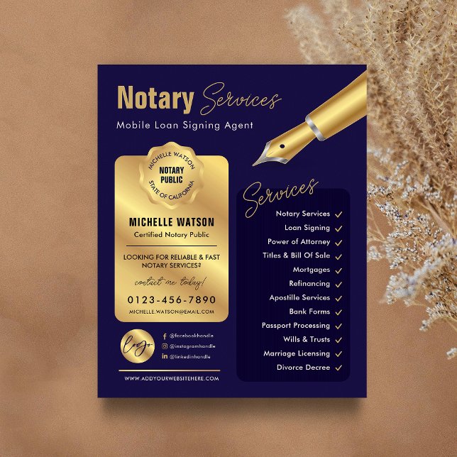 Signatur von Notar-Agenten Briefmarke Navy & Gold- Flyer (Modern navy blue and gold notary public marketing flyer with your custom photo and logo)