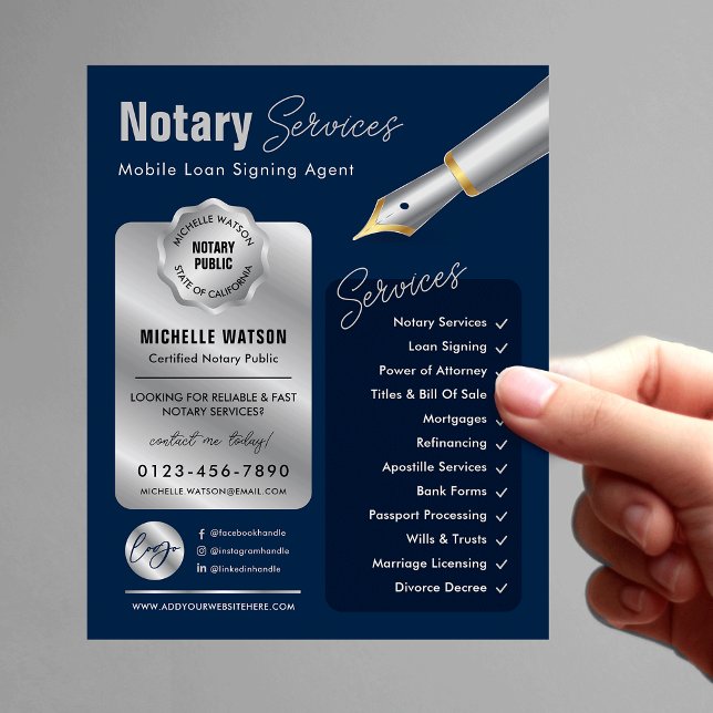 Signatur von Notar-Agenten Briefmarke Navy & Silve Flyer (Modern navy blue and silver notary public marketing flyer with your custom photo and logo)