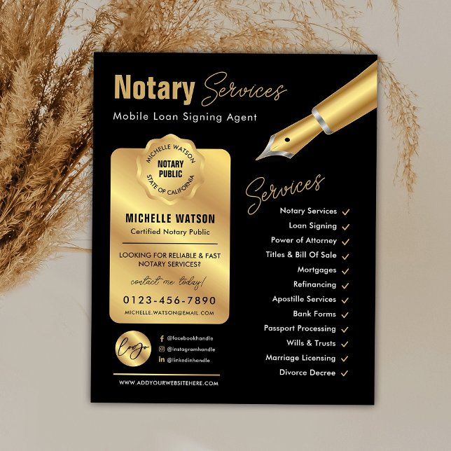 Signatur von Notar-Agenten Briefmarke Schwarzes &  Flyer (Modern black and gold loan signing agent & notary marketing flyer with your custom photo and logo)