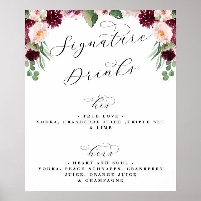 Signature Adore Floral Drinks Wedding Bar Menu Sig Poster (Vorne)