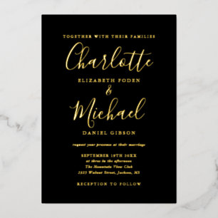 Signature All In One Schwarze Hochzeit in Gold Folieneinladung